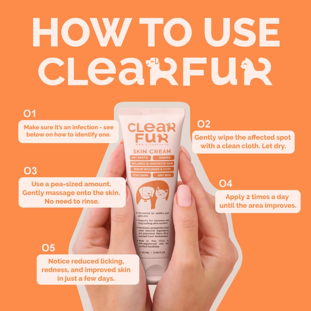 ClearFur skin cream application on a cat with calm, irritated areas.