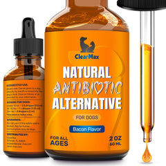 Clear Max dog antibiotic bottle front view with bacon flavor for easy administration.