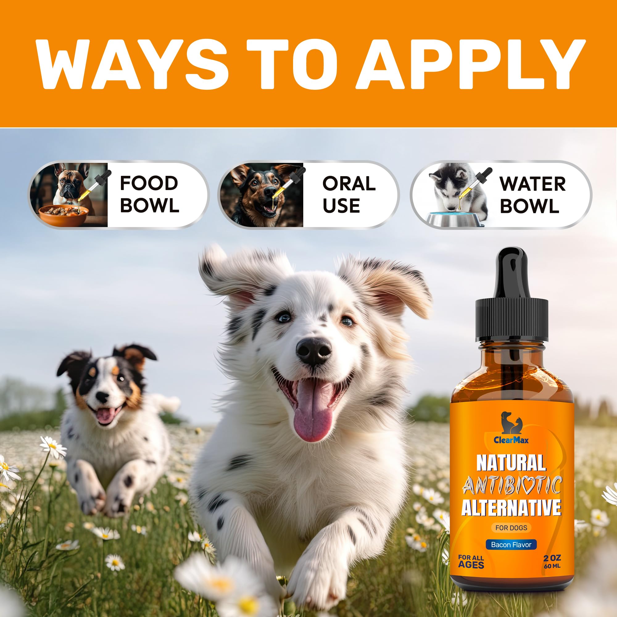 Clear Max antibiotic bottle shows organic ingredients and no artificial additives.