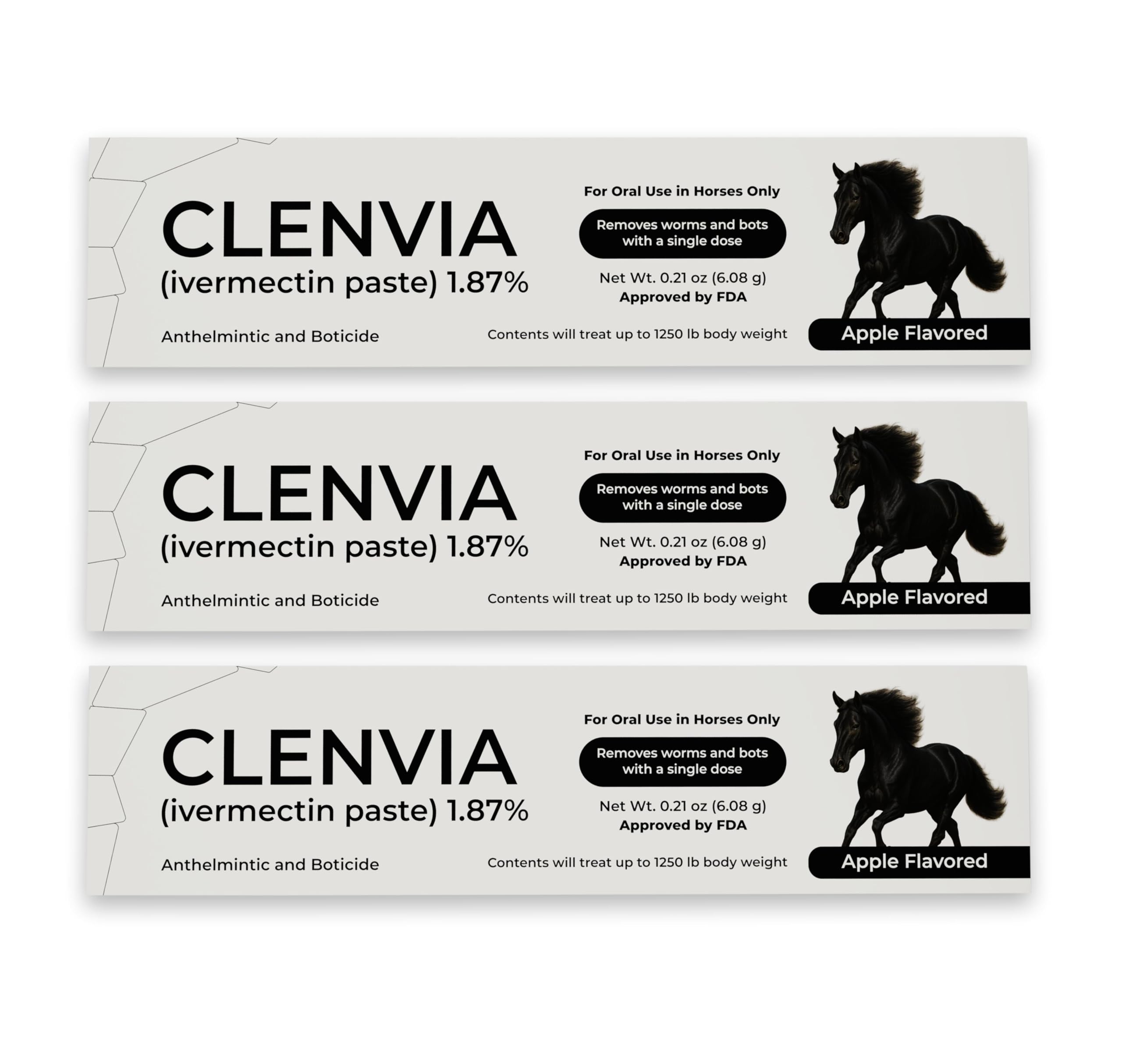 CLENVIA horse paste apple-flavored gel eases administration and palatable for horses.