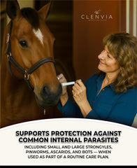 Apple-flavored CLENVIA gel shown for easier oral administration in horses.