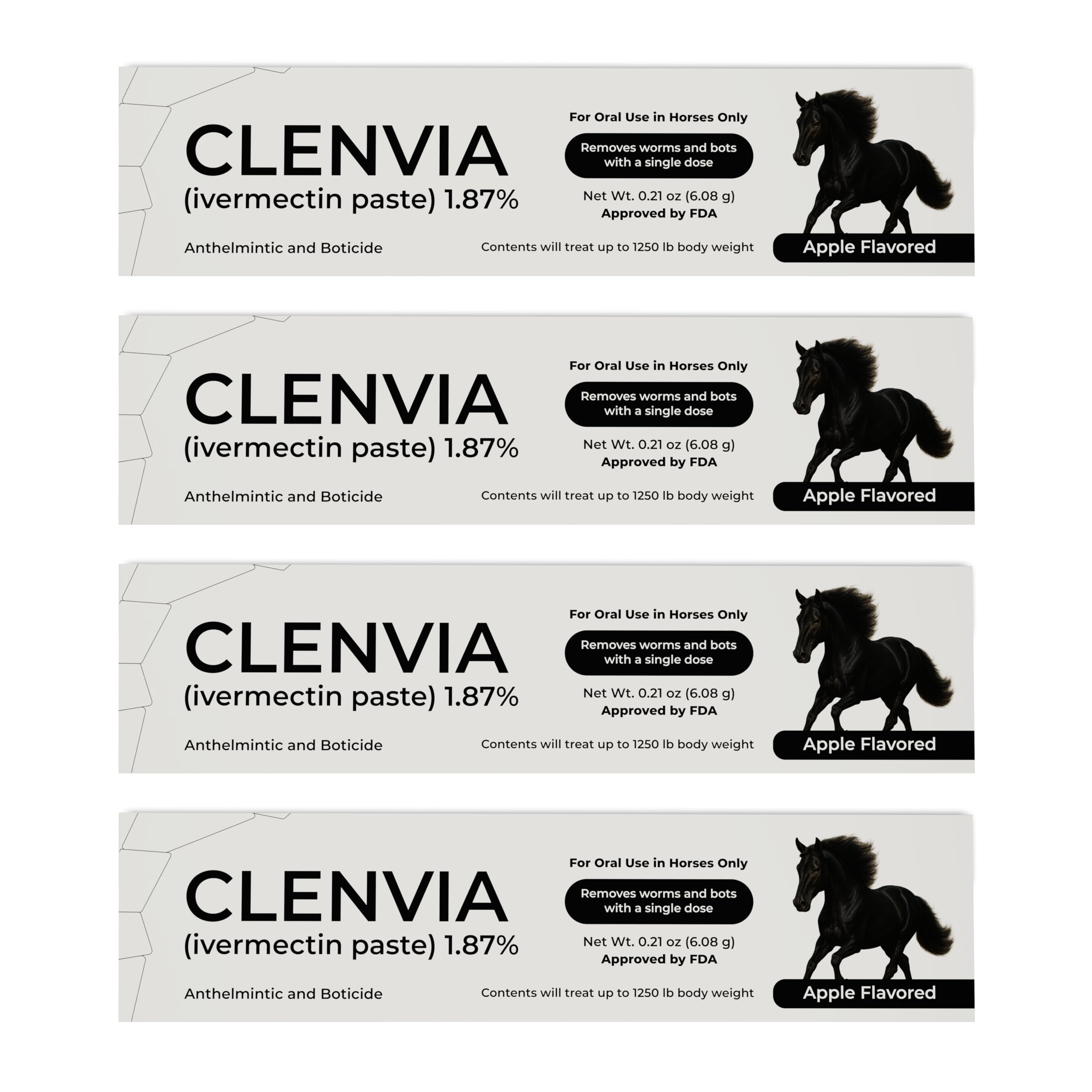 CLENVIA horse paste apple flavored syringe with clear dosing marks for accurate administration.