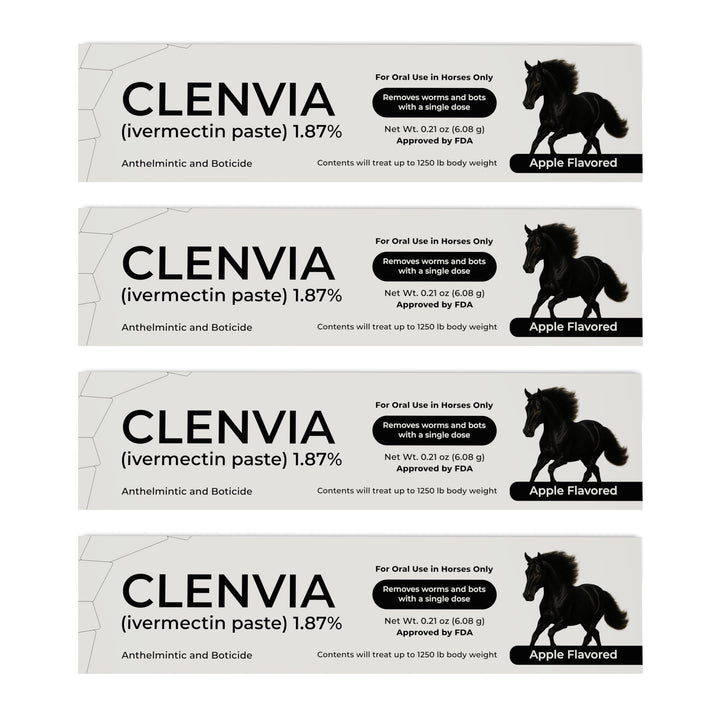 CLENVIA horse paste apple flavored syringe with clear dosing marks for accurate administration.