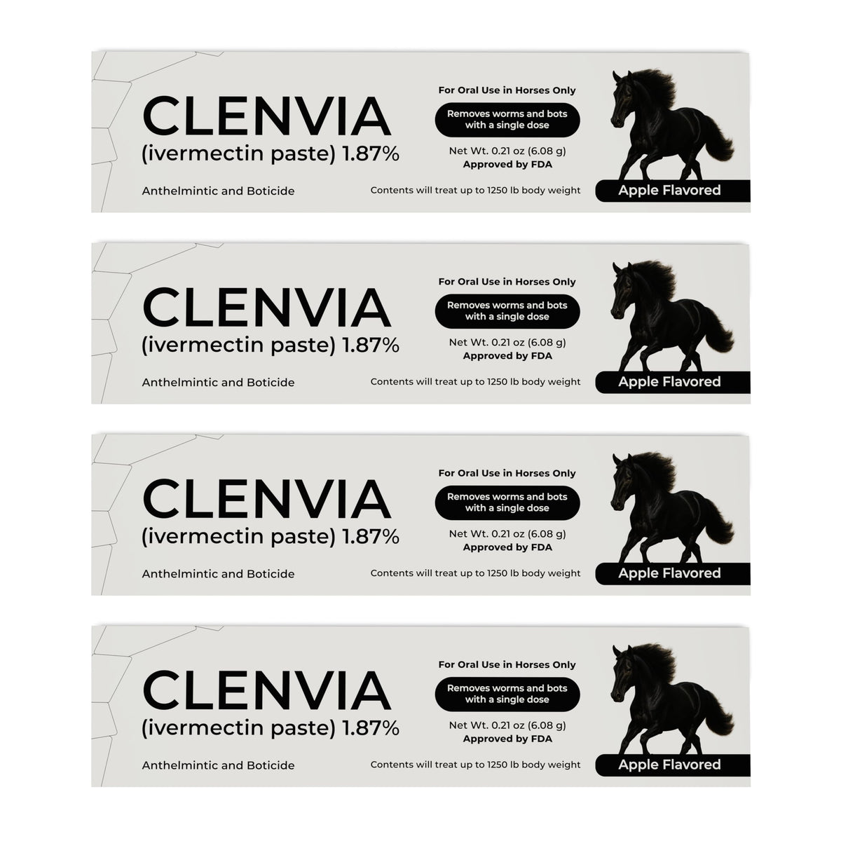 CLENVIA horse paste apple flavored syringe with clear dosing marks for accurate administration.