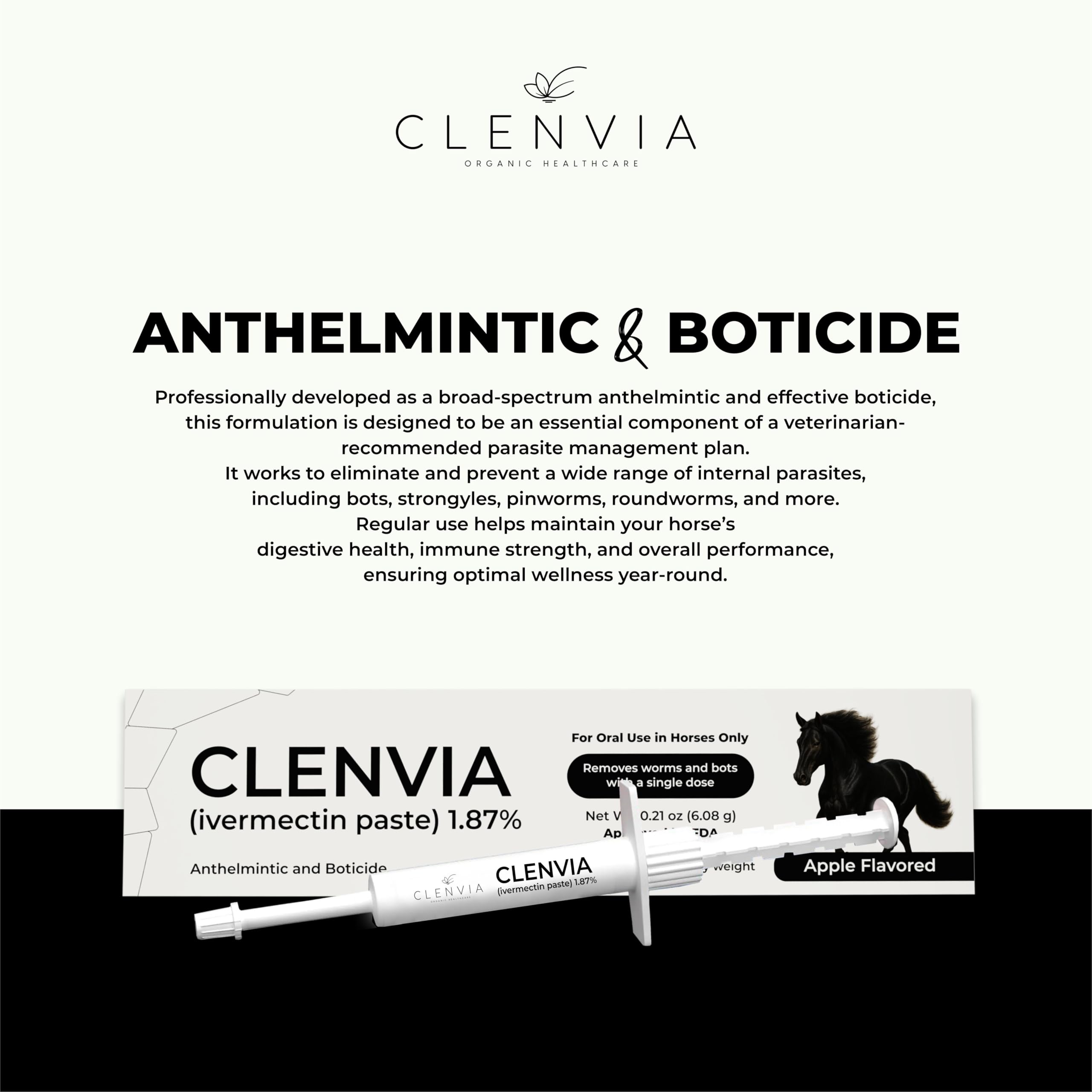 Equine-use CLENVIA label ensuring safe application for horses.