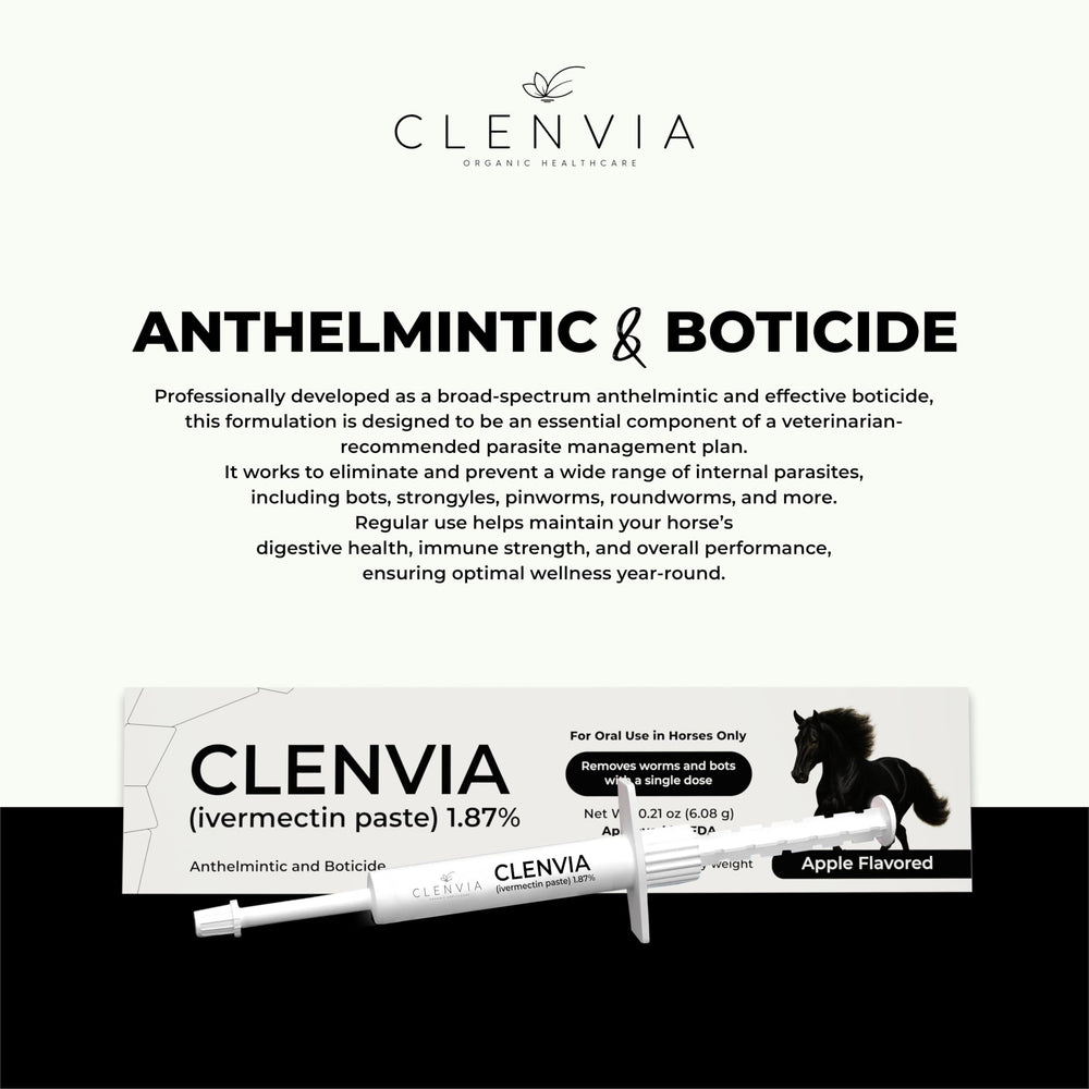 Equine-use CLENVIA label ensuring safe application for horses.