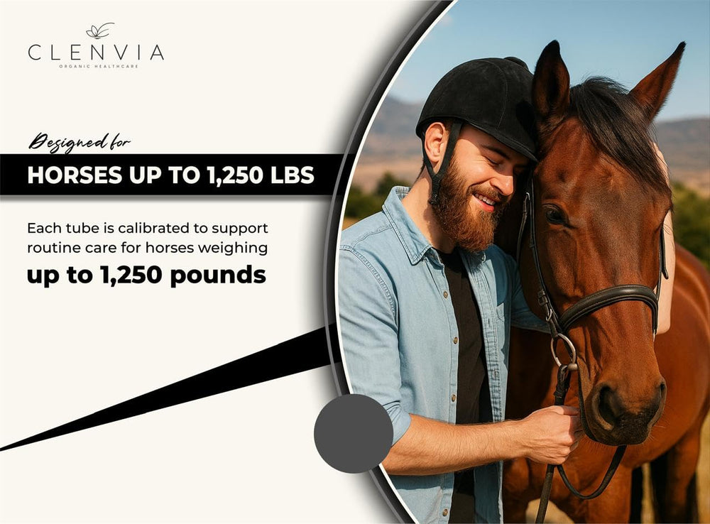Product display featuring CLENVIA horse paste syringes and packaging.