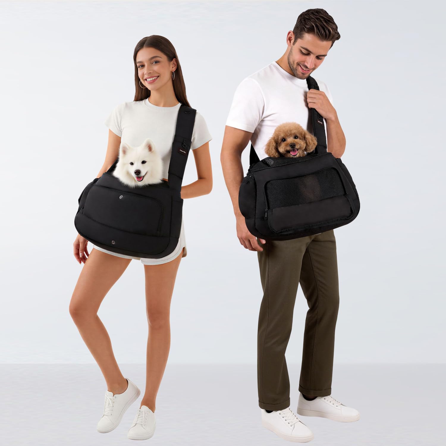 CleverCode Dog Sling Carrier side view showing adjustable strap for a customizable fit