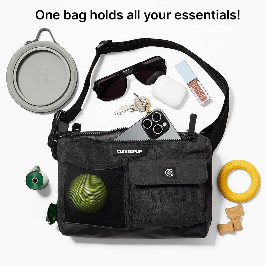 Cleverpup sling bag graphite color blends with casual dog-walking outfits.