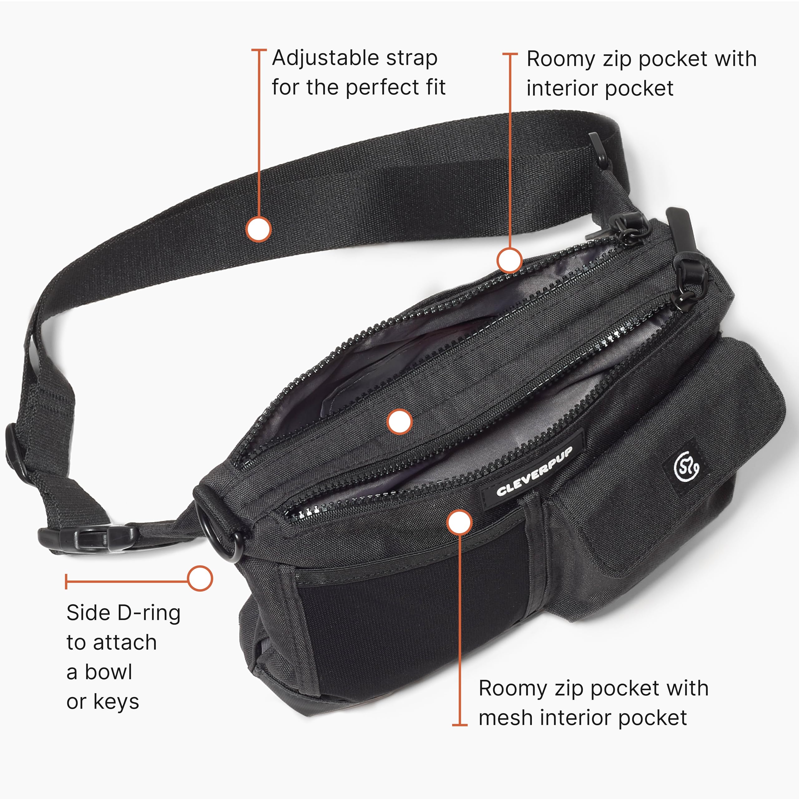Cleverpup sling bag side D-ring for keys or a small bowl.