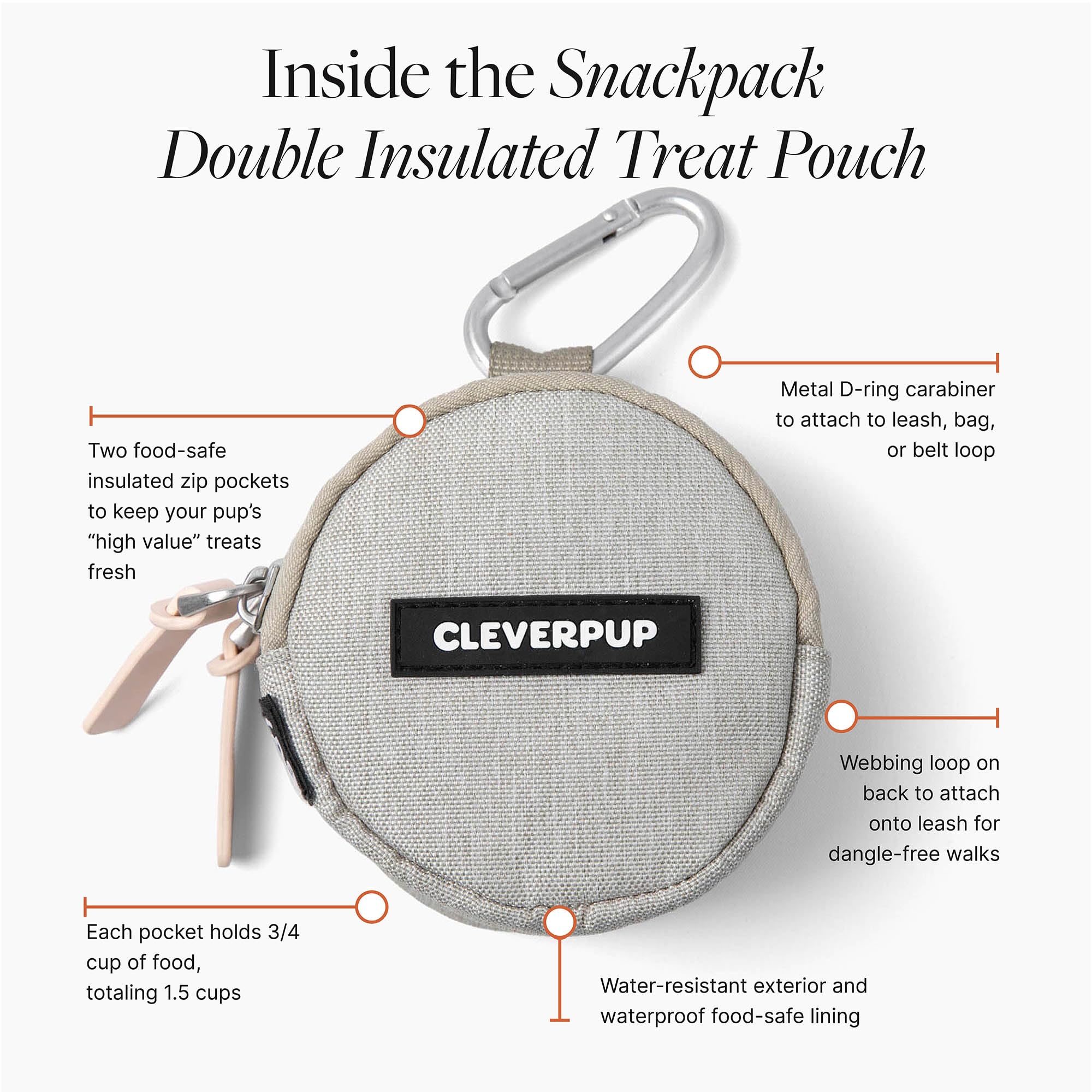 Cleverpup Snackpack two zip pockets organize treats separately.