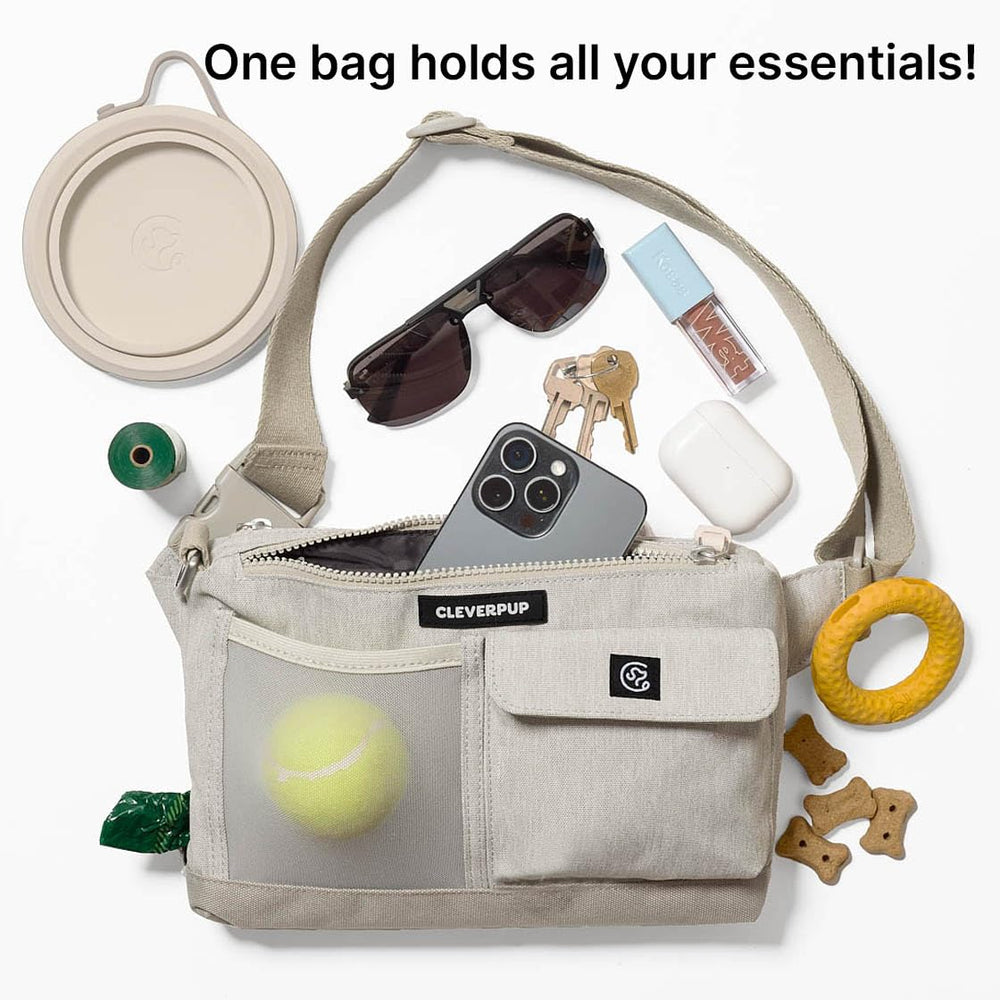 Cleverpup Zippered Compartments safeguard phone and wallet during walks.