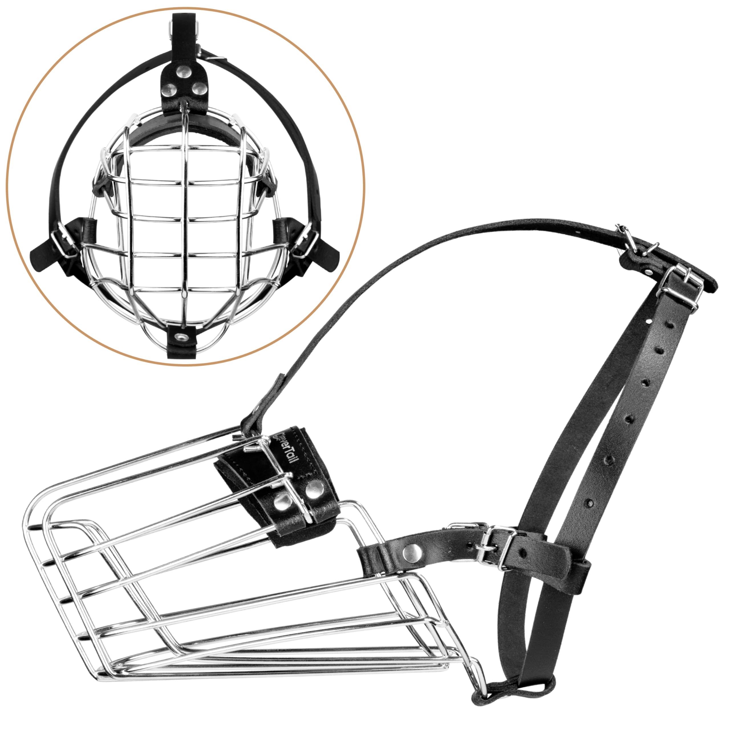 CleverTail muzzle with adjustable leather straps ensures secure, comfortable fit.