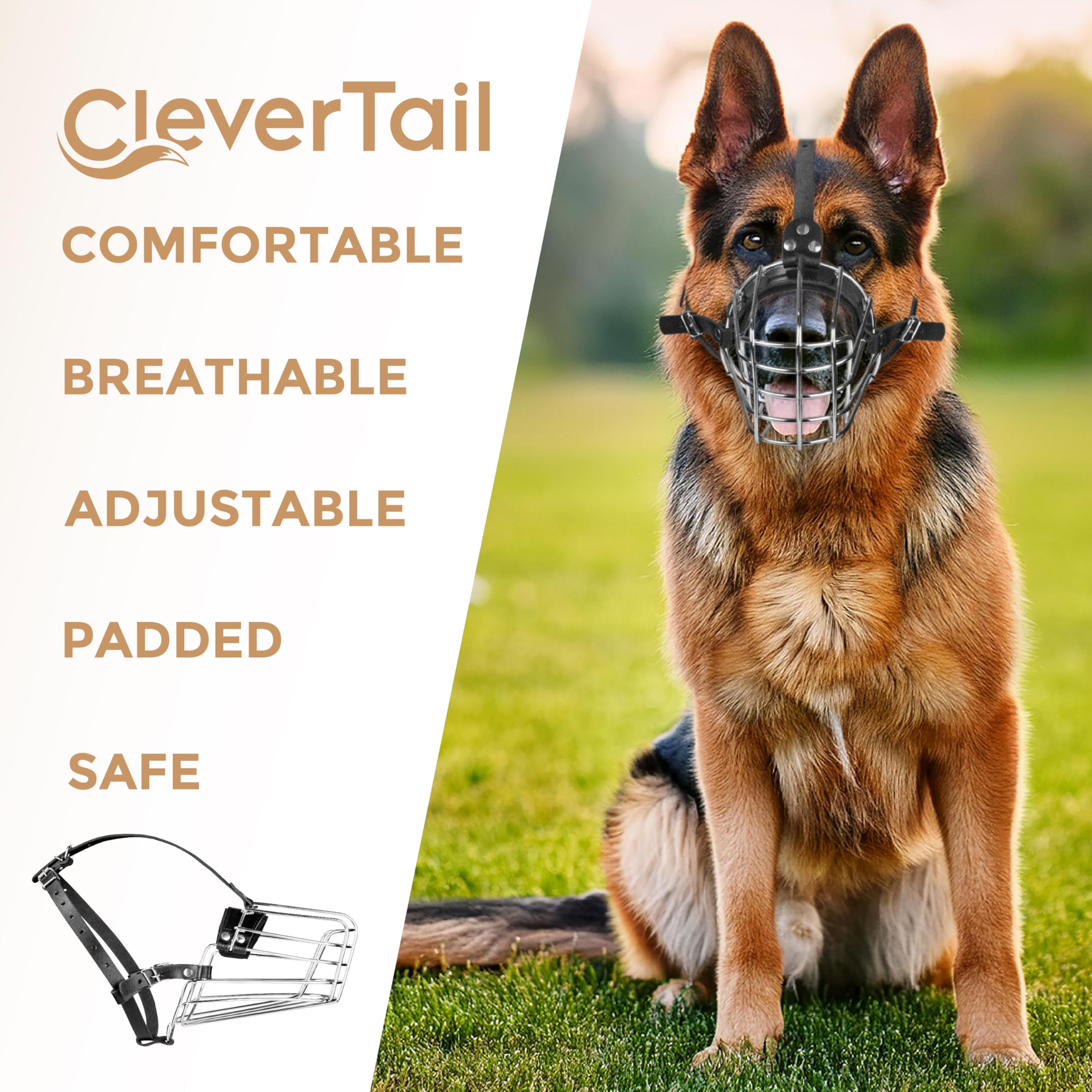 CleverTail large-dog design supports breathing and drinking during wear.