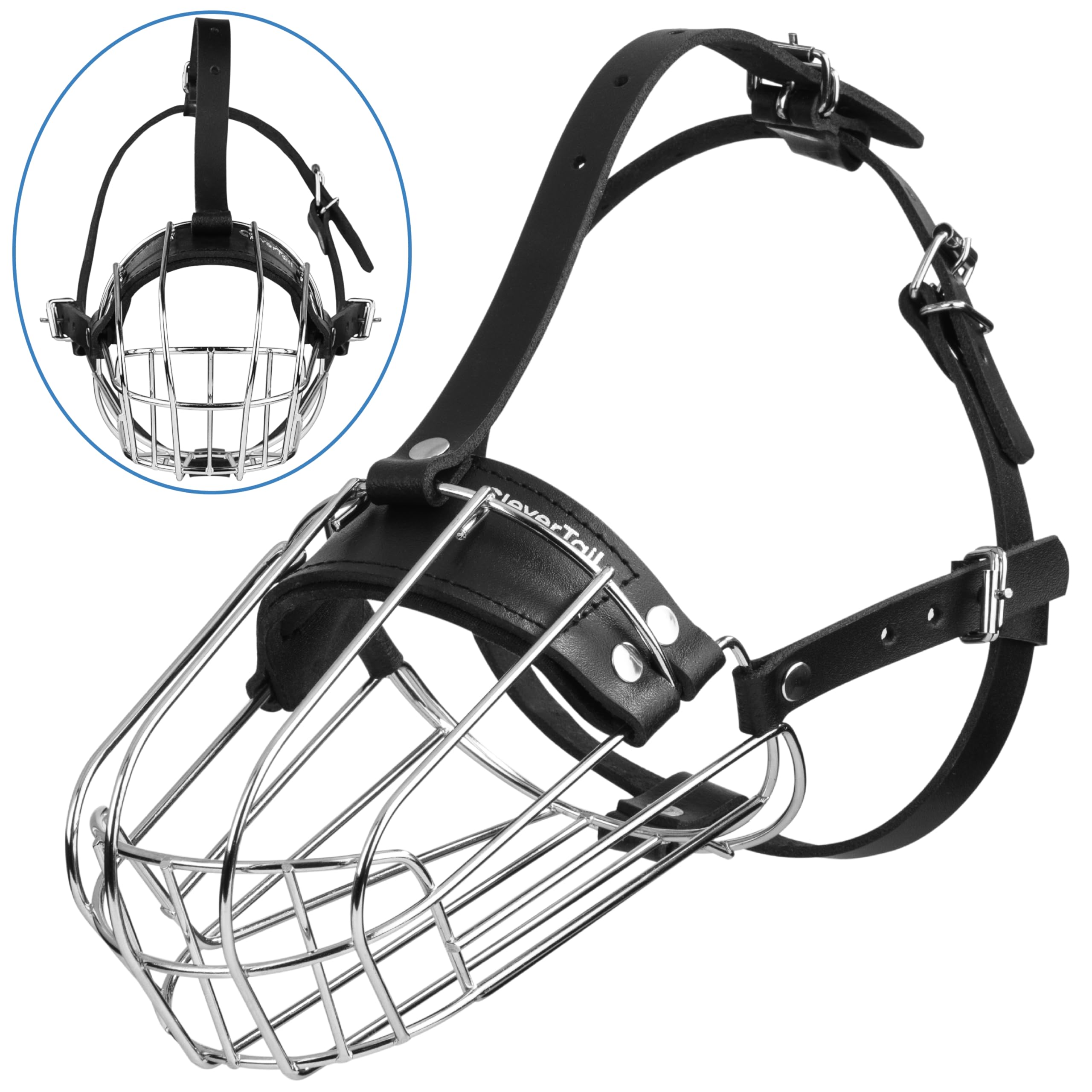 CleverTail metal basket muzzle highlights durable steel and protective design for training sessions