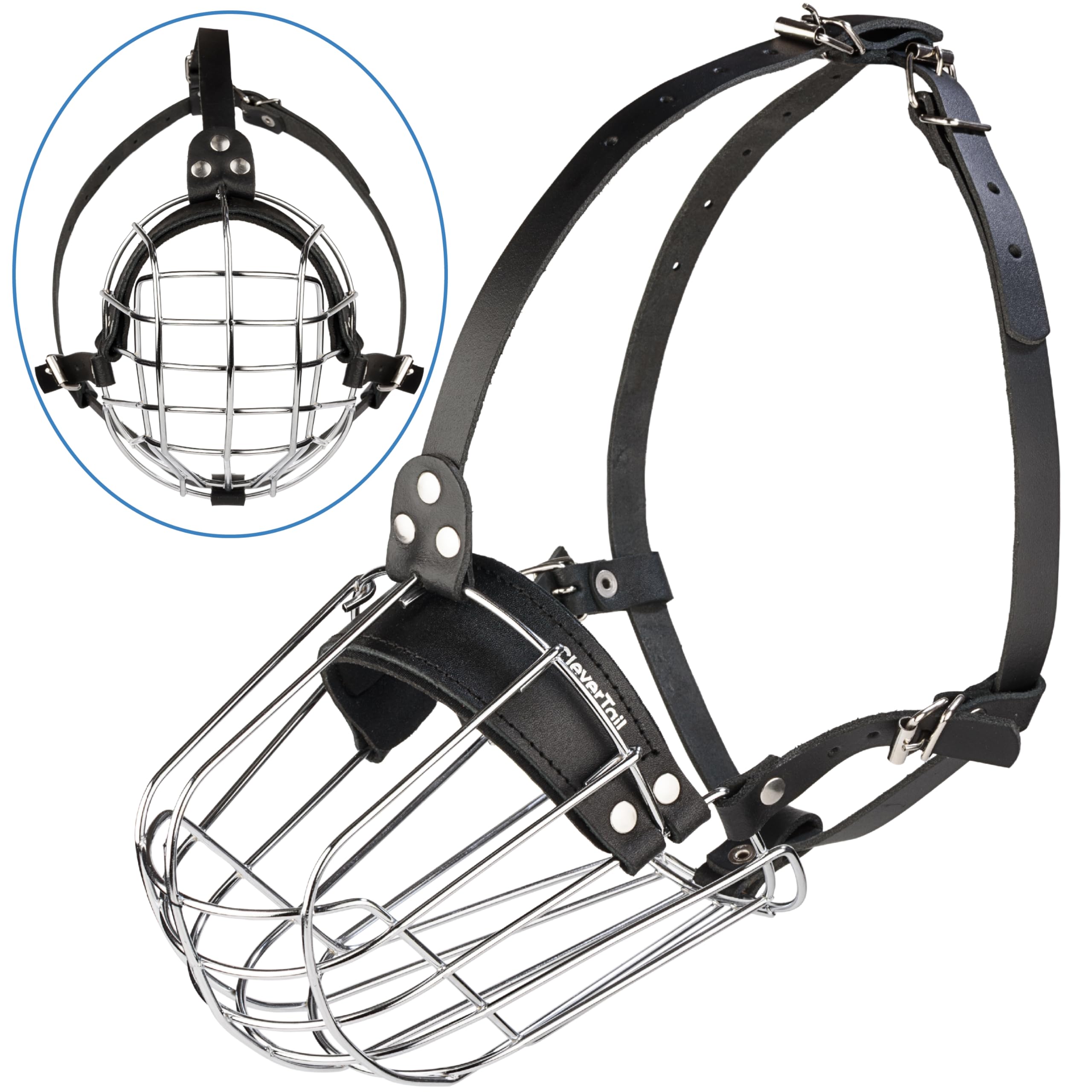 CleverTail Metal Pitbull Muzzle adjustable leather straps enable comfortable, custom fit.