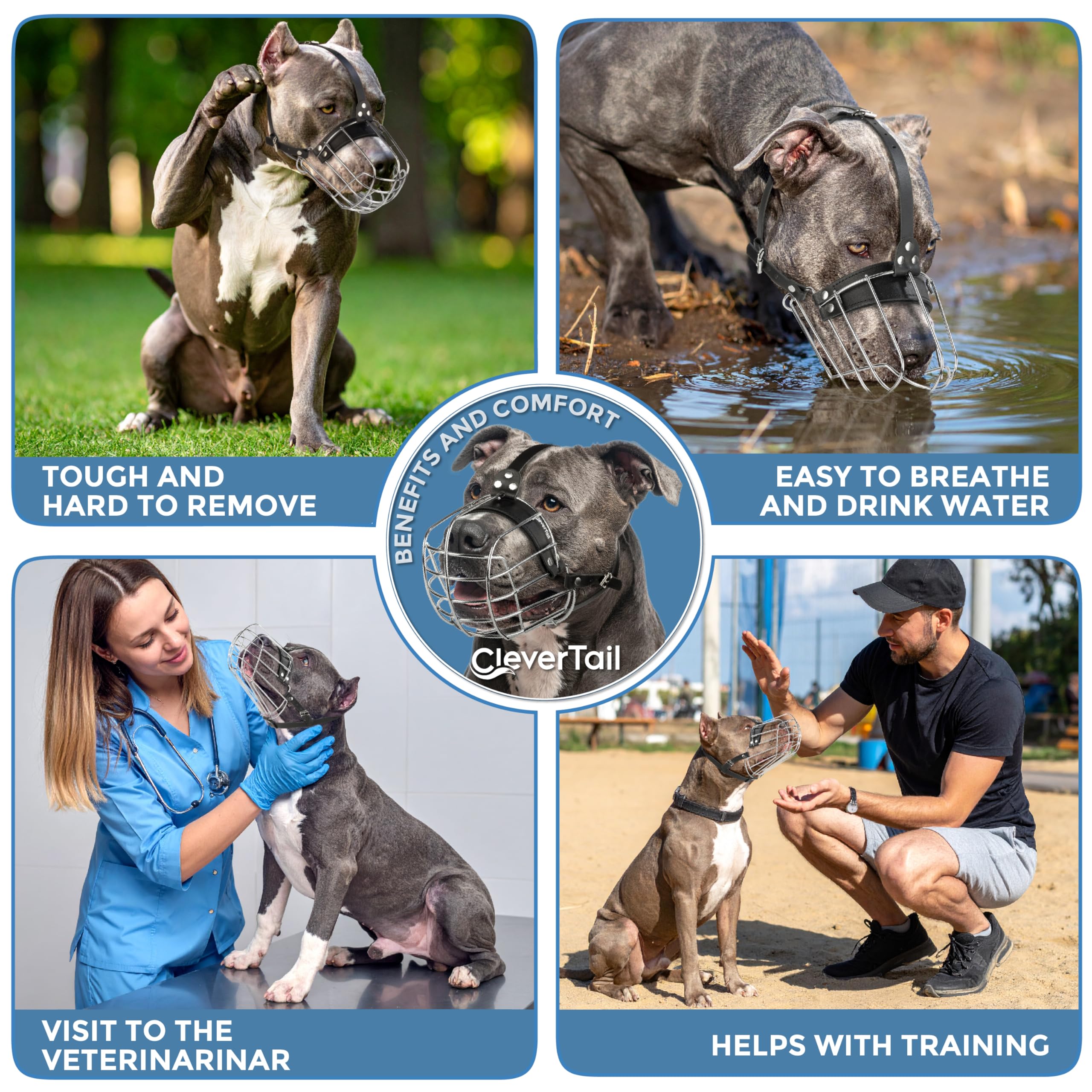 CleverTail Metal Pitbull Muzzle durable stainless steel wires resist wear.