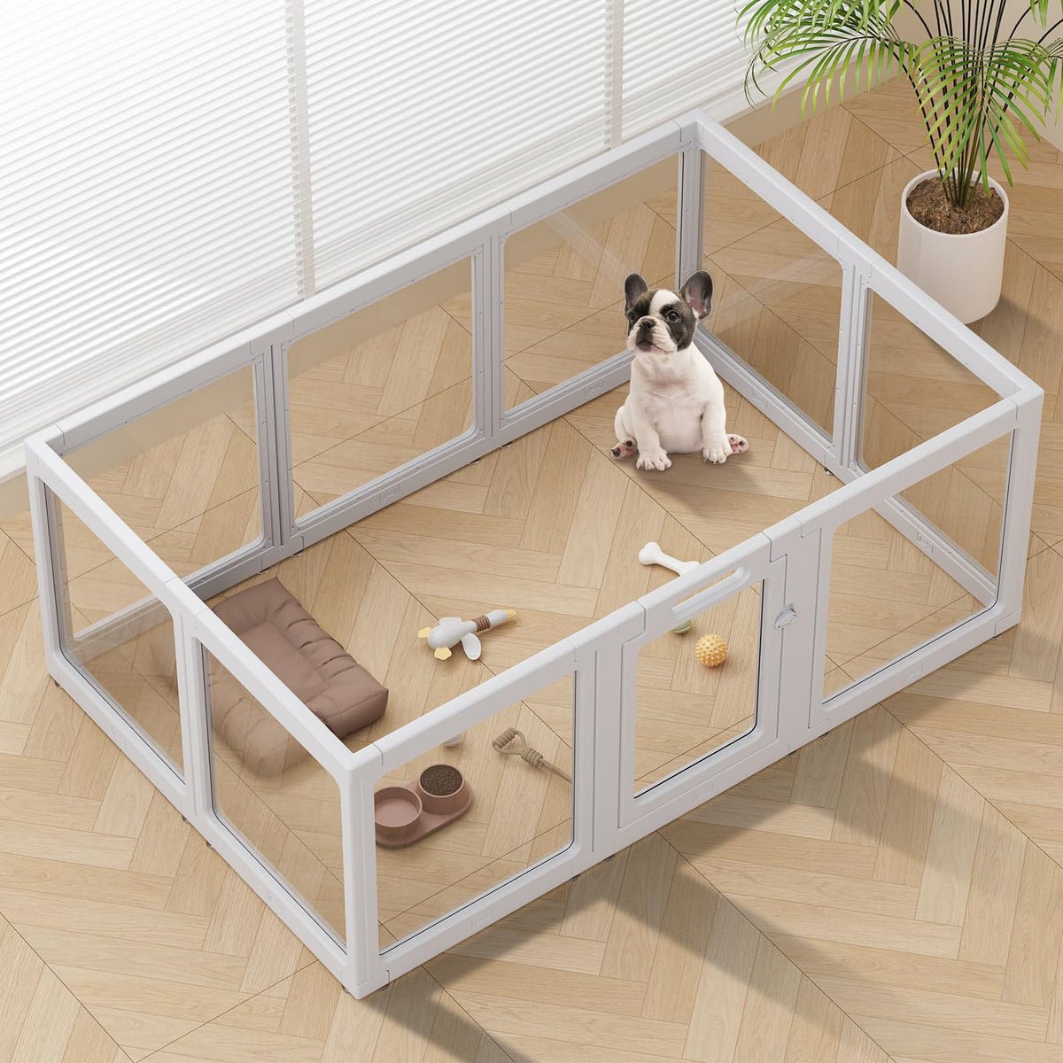 ClimbHope Clear Acrylic Dog Playpen setup demonstrates seamless, safe enclosure for easy expansion.