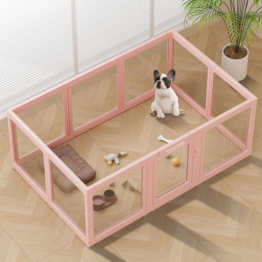 ClimbHope clear acrylic pink 10-panel dog playpen interior view for safe indoor play.
