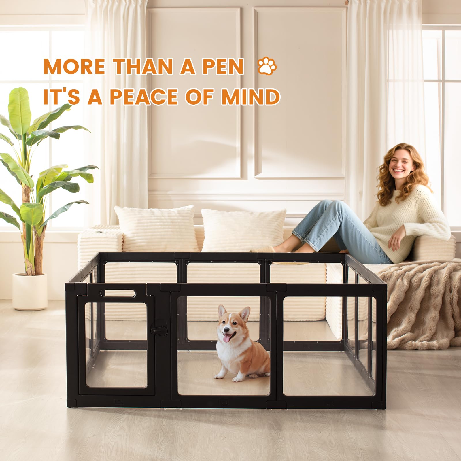 ClimbHope transparent dog playpen highlighting safety design with gap-free panels