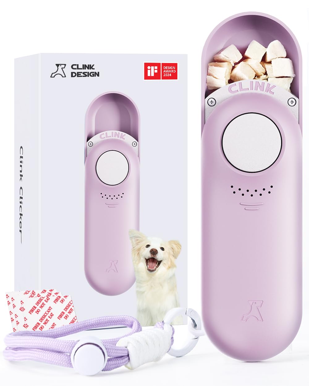 Clink Design dog clicker with built-in treat storage for on-the-go rewards.