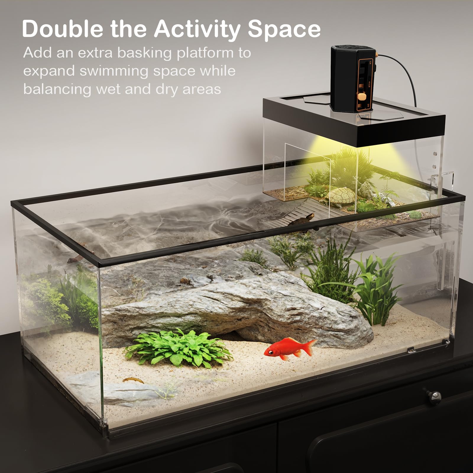 Clioran tempered PC construction offers durable, shatter-resistant basking structure.