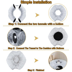 CLKHOWL Cat Tunnel Bed with dangling balls for interactive play.