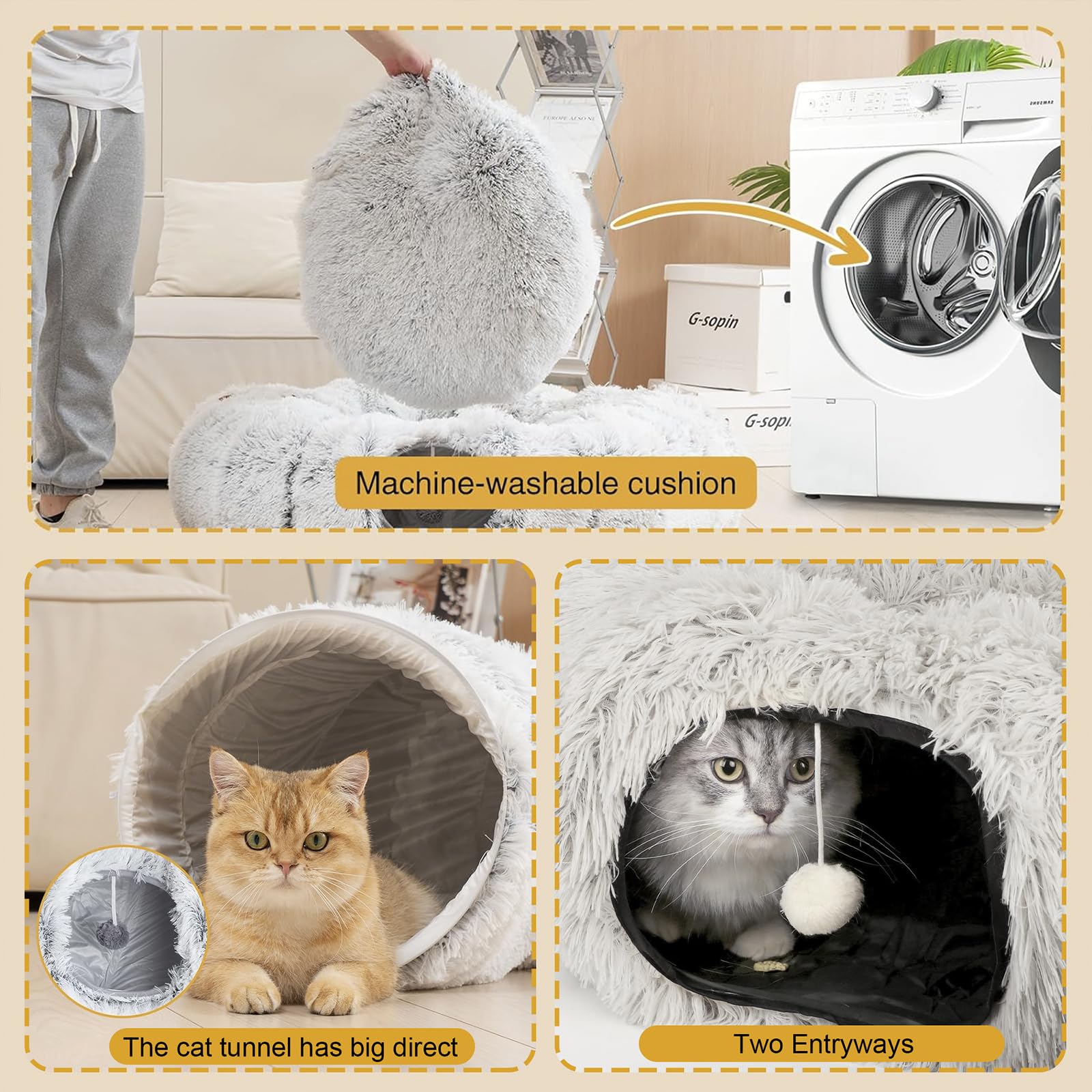 CLKHOWL Cat Tunnel Bed round centre mattress invites restful lounging.
