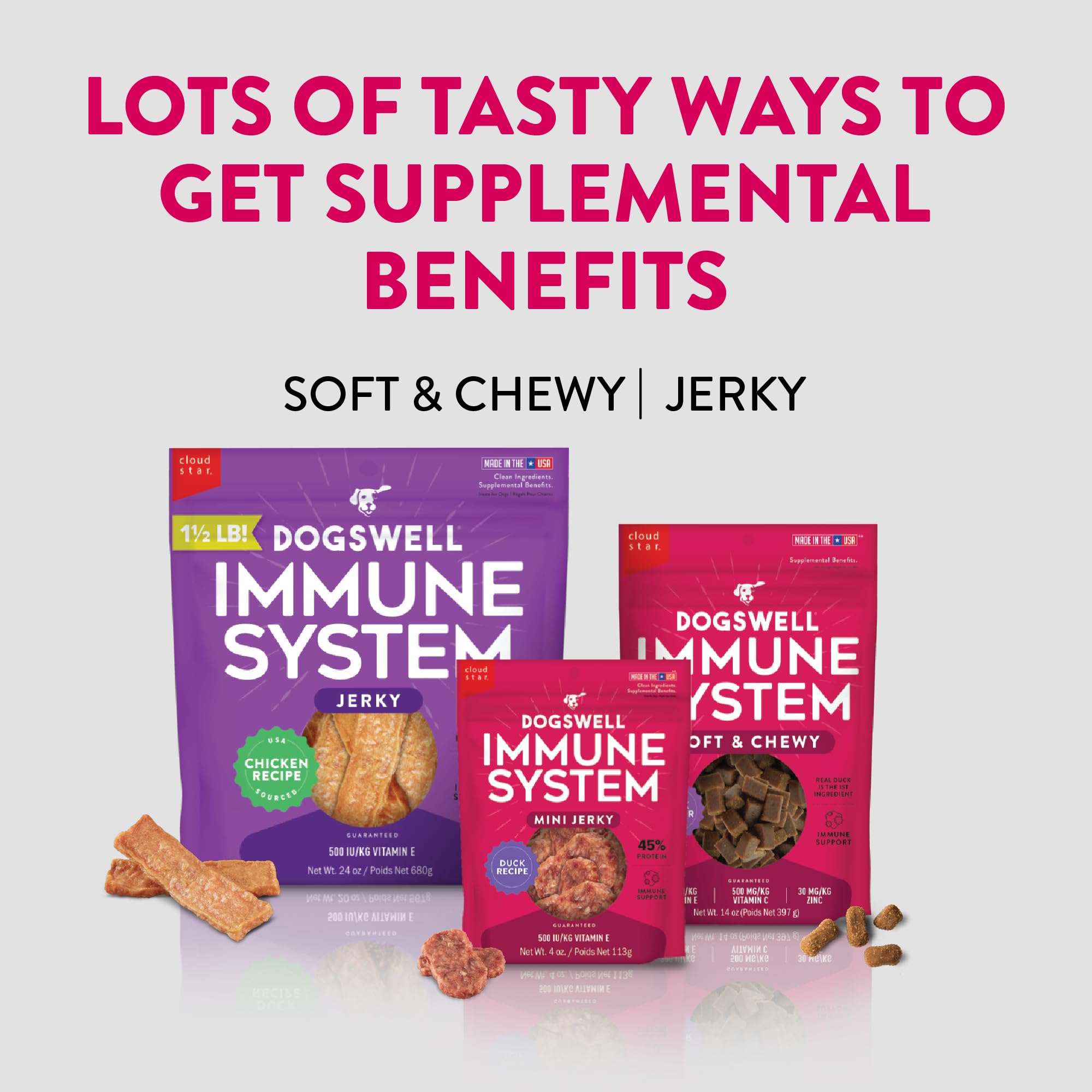 Grainless formula of Dogswell Immunity & Defense jerky, no artificial colors