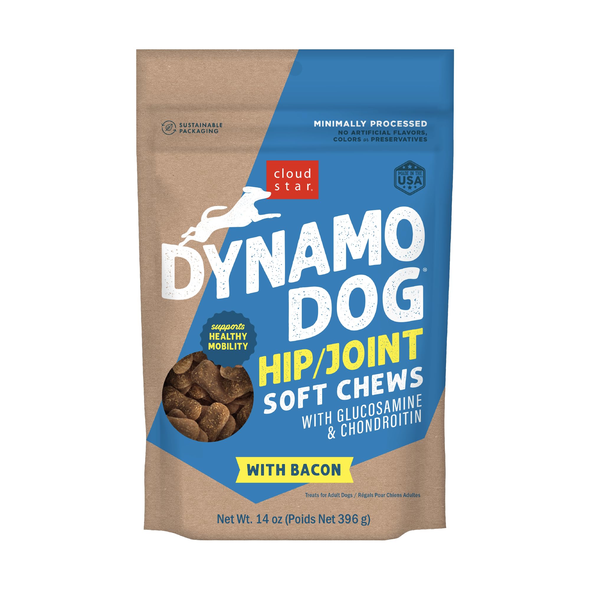 Cloud Star Dynamo Dog Soft Chews bacon cheese flavor for joint mobility support