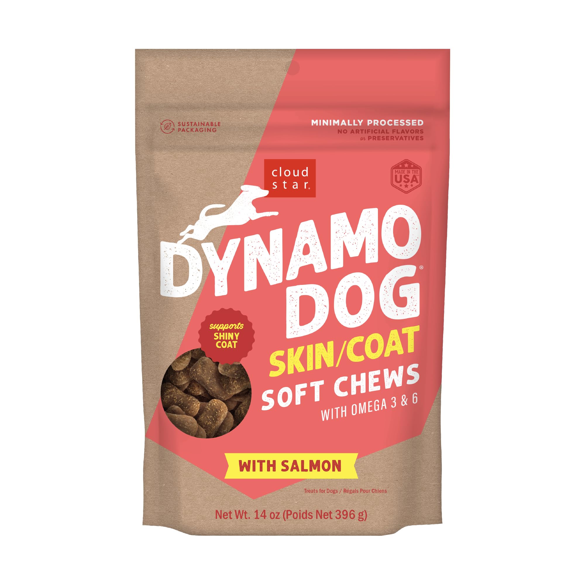 Cloud Star Dynamo Dog soft chews with salmon for a shiny coat.