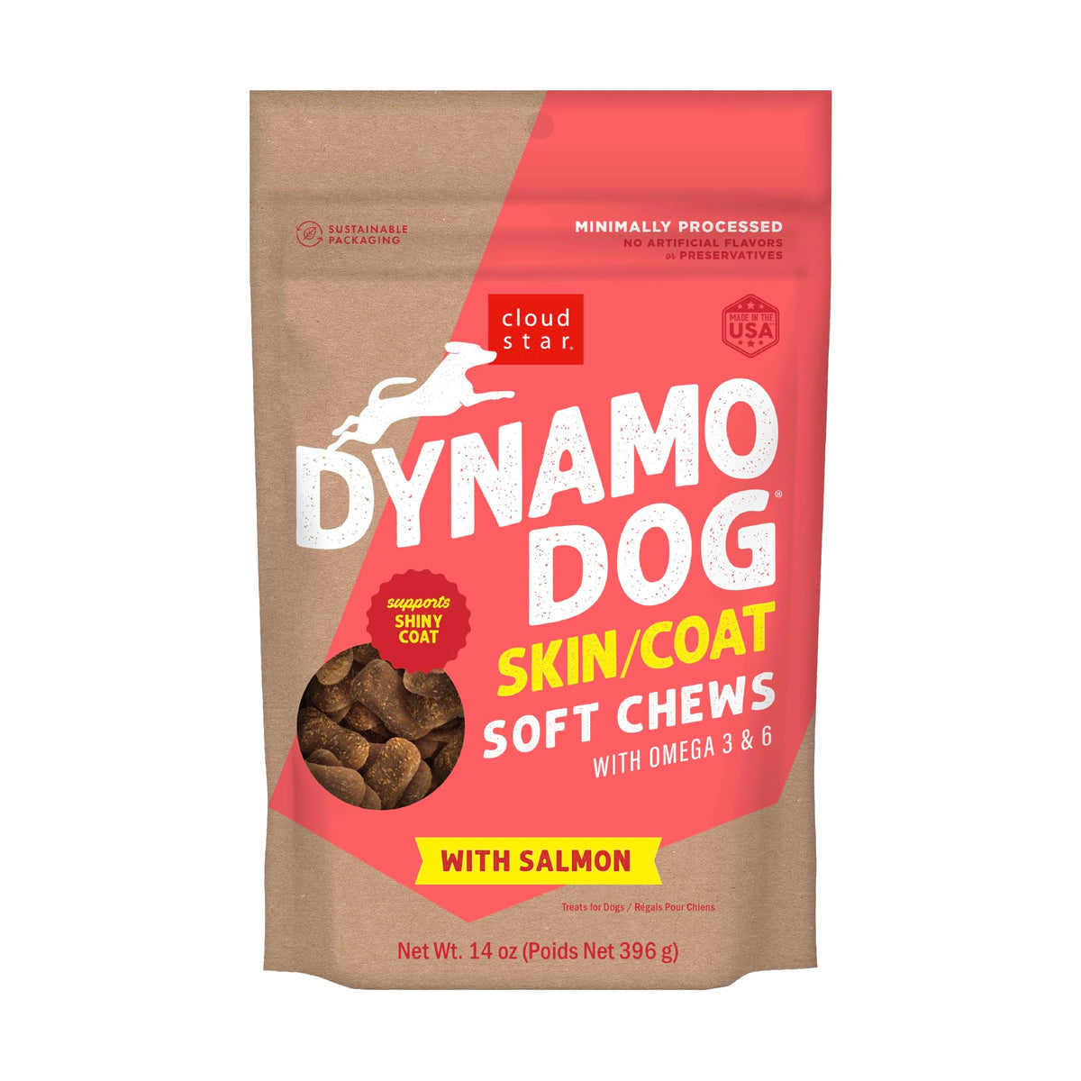 Cloud Star Dynamo Dog soft chews with salmon for a shiny coat.
