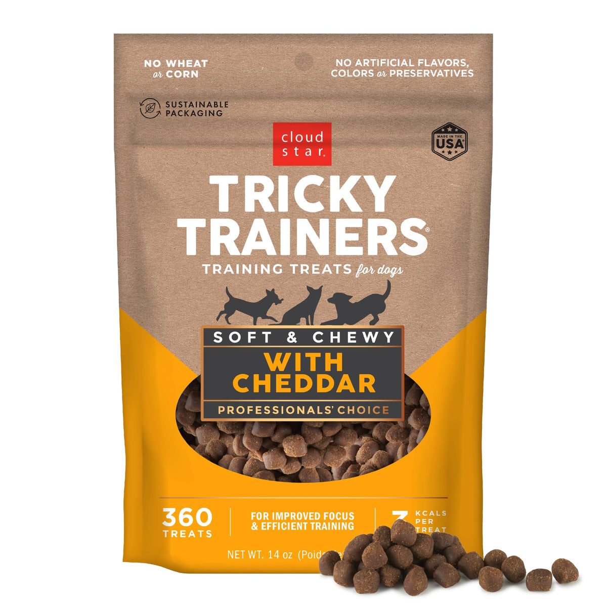 Cloud Star Tricky Trainers cheddar bag front view for effective dog training rewards.