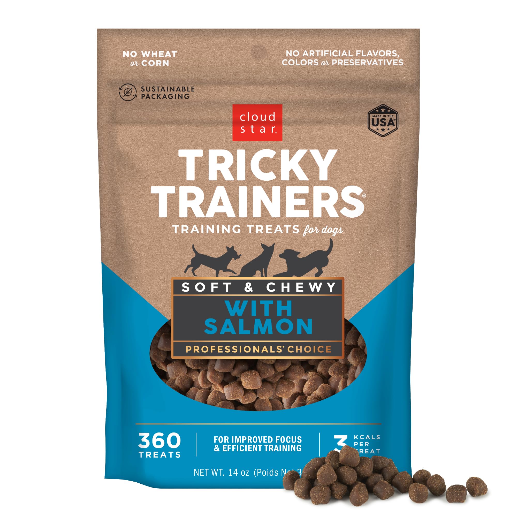 Cloud Star Tricky Trainers soft-chewy salmon treats in a 14oz bag support quick training rewards.