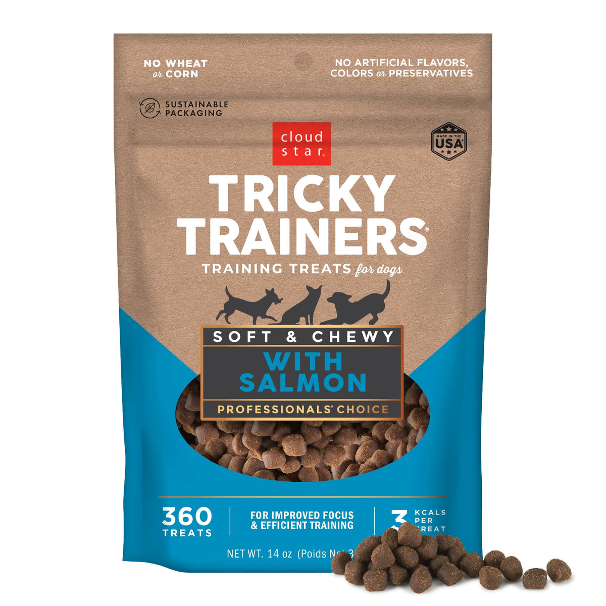 Cloud Star Tricky Trainers soft-chewy salmon treats in a 14oz bag support quick training rewards.