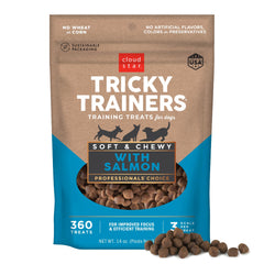 Cloud Star Tricky Trainers soft-chewy salmon treats in a 14oz bag support quick training rewards.
