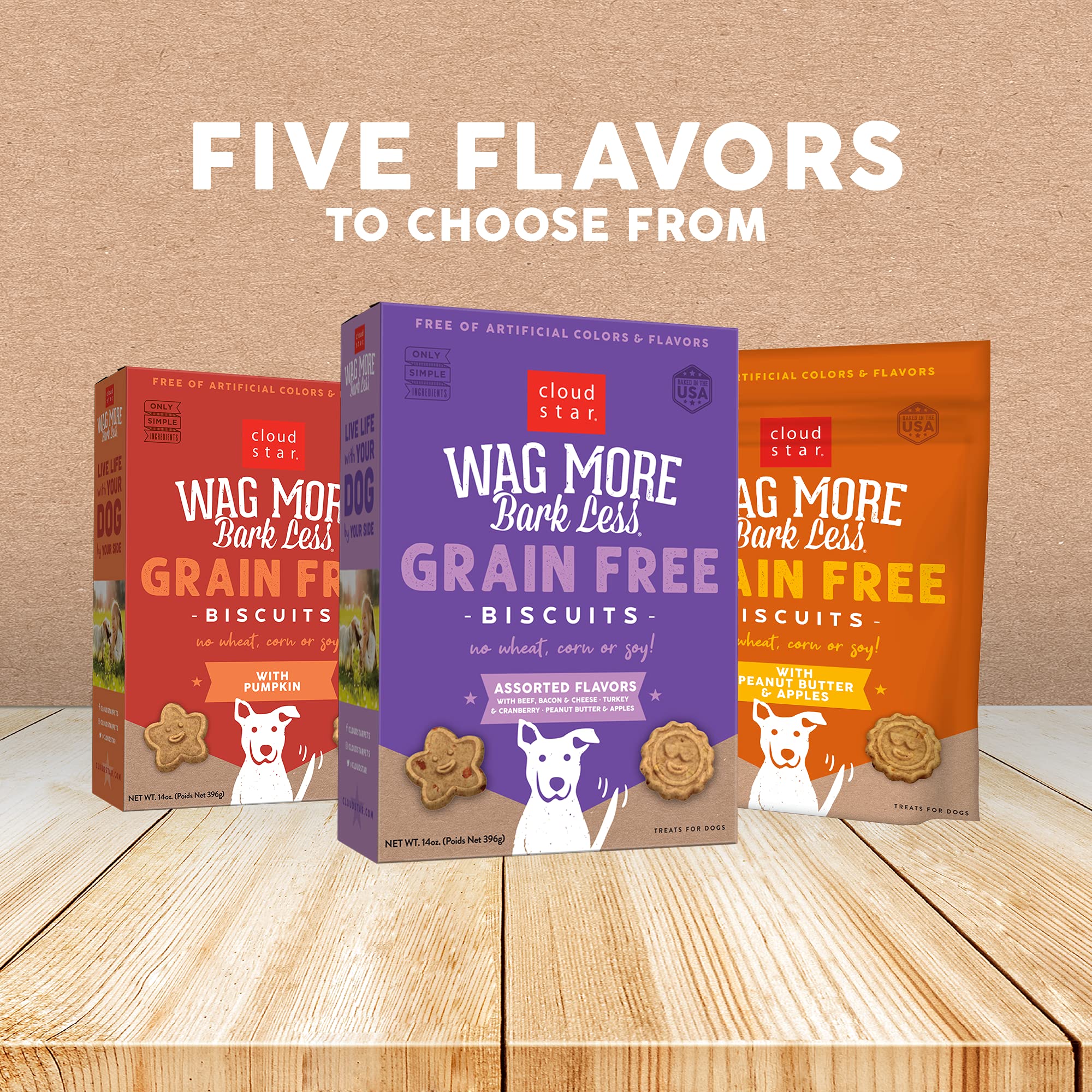 Cloud Star Wag More Bark Less real pumpkin pieces visible, dog-friendly flavor crunch.