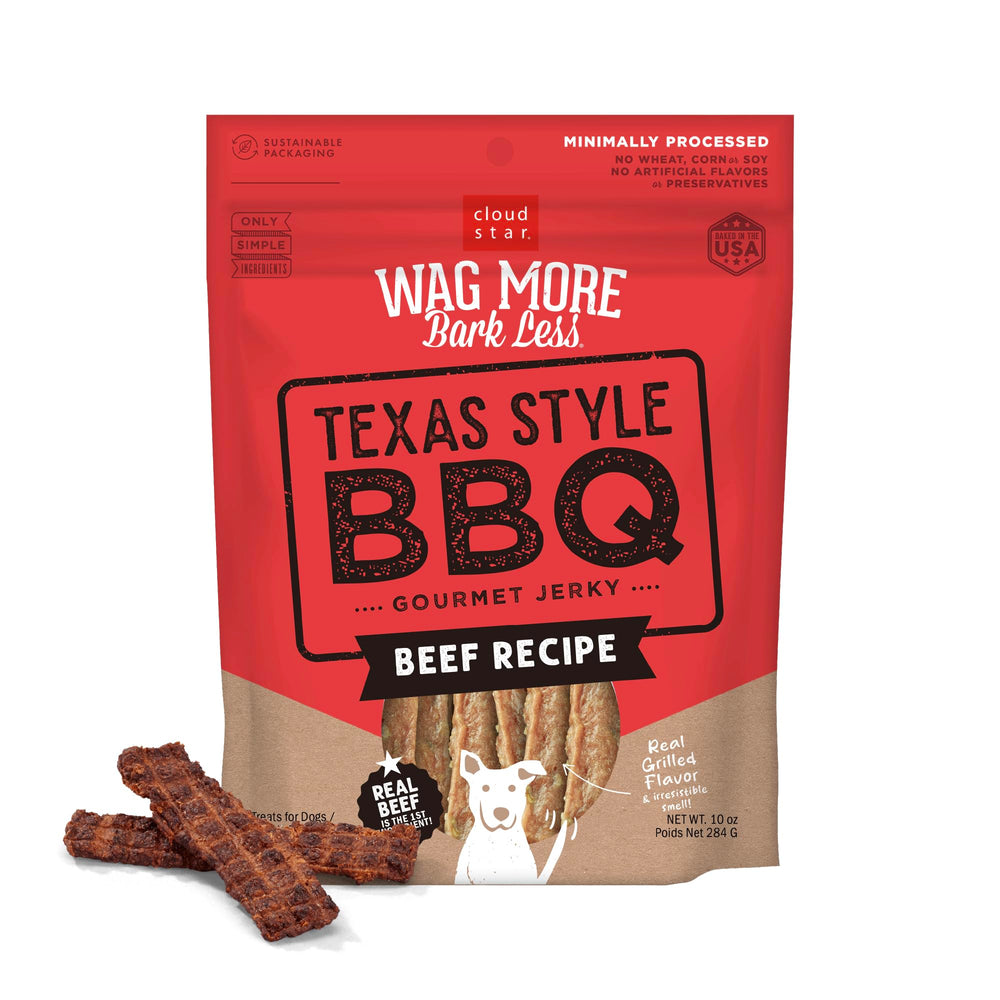Cloud Star Wag More Bark Less Texas beef jerky pouch front view, ideal as a tasty training reward