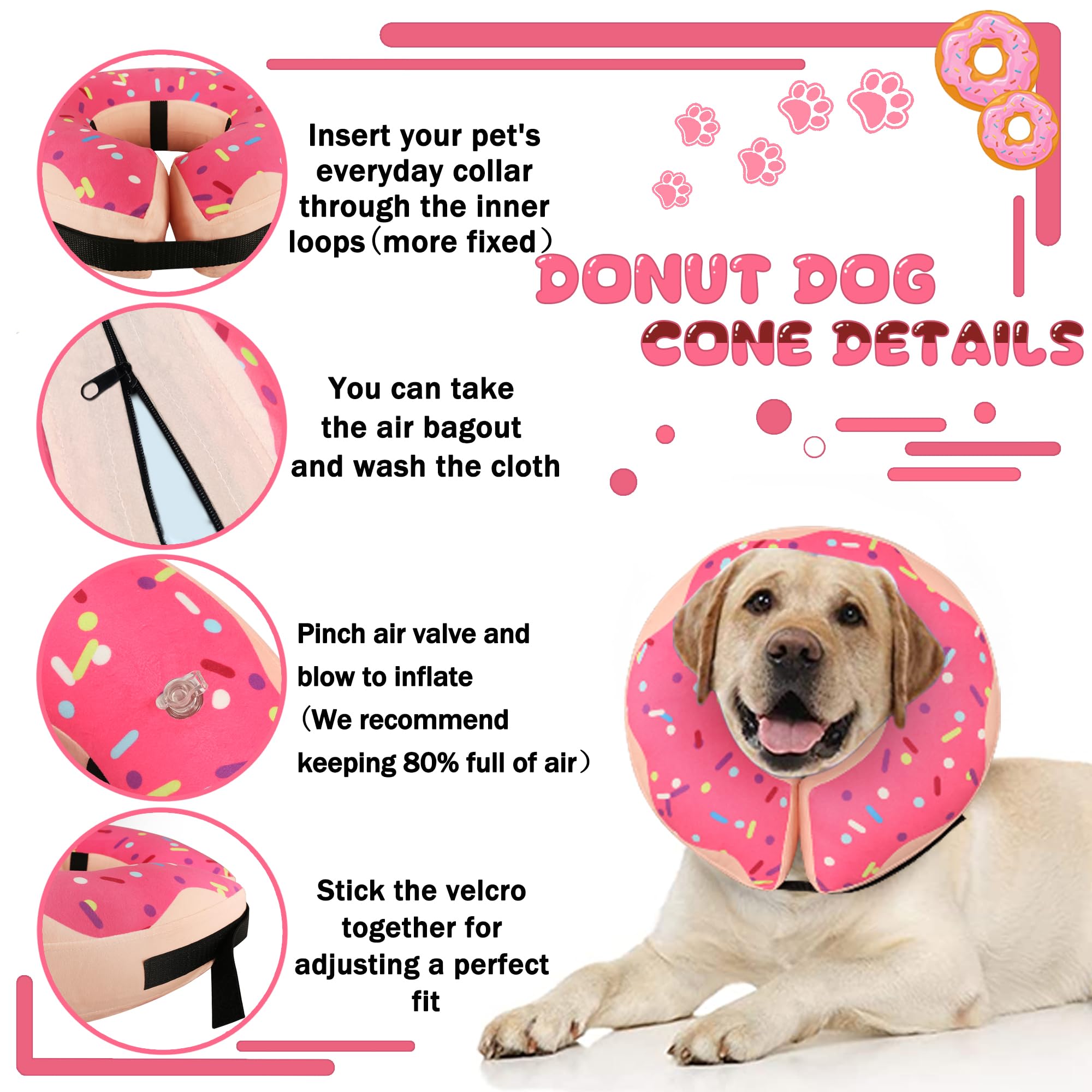 Cneo inflatable donut collar pink X-Large removable outer fabric with zipper for easy washing