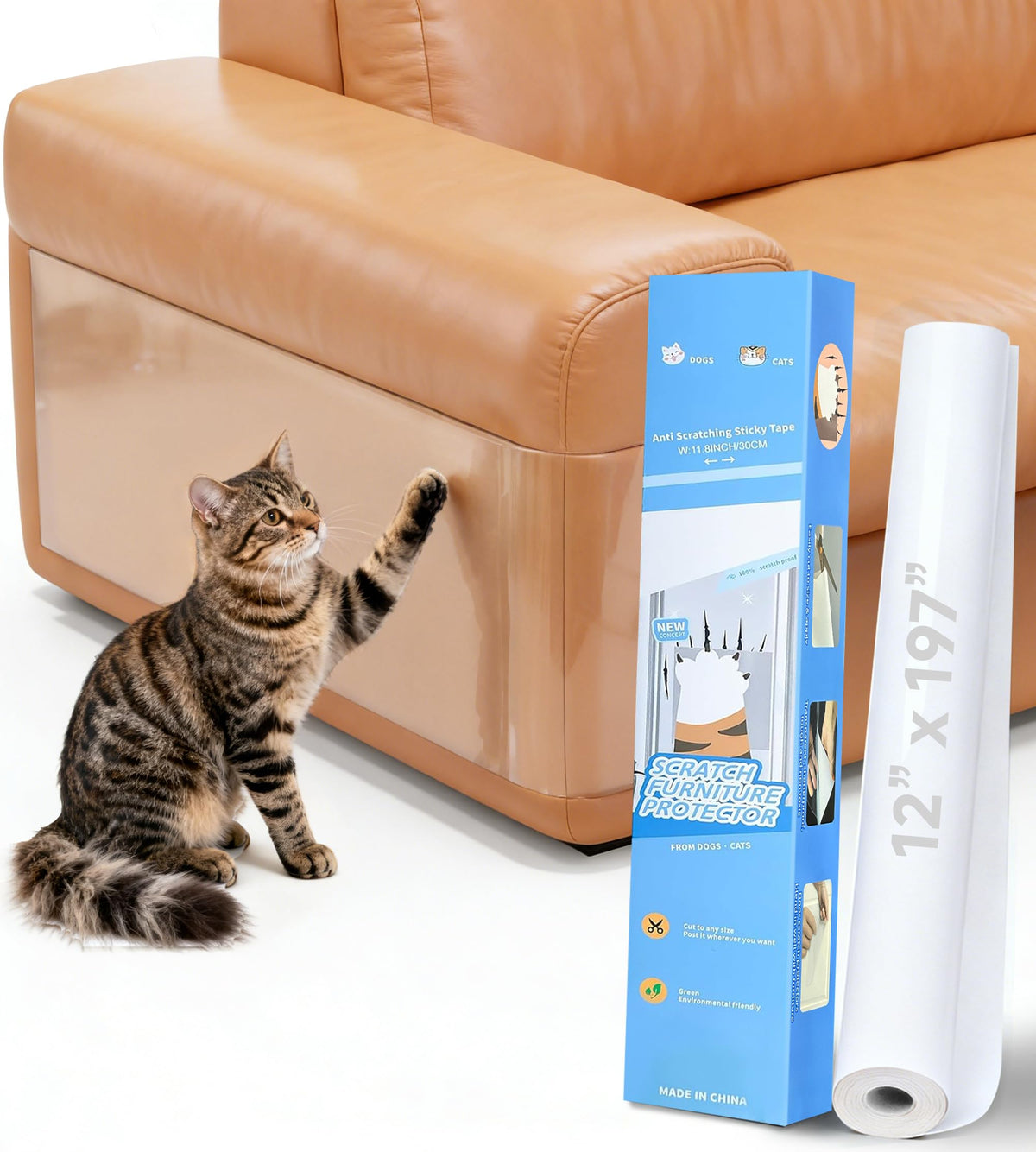 CNPMBO clear protector on a leather sofa corner deterring cat scratches.