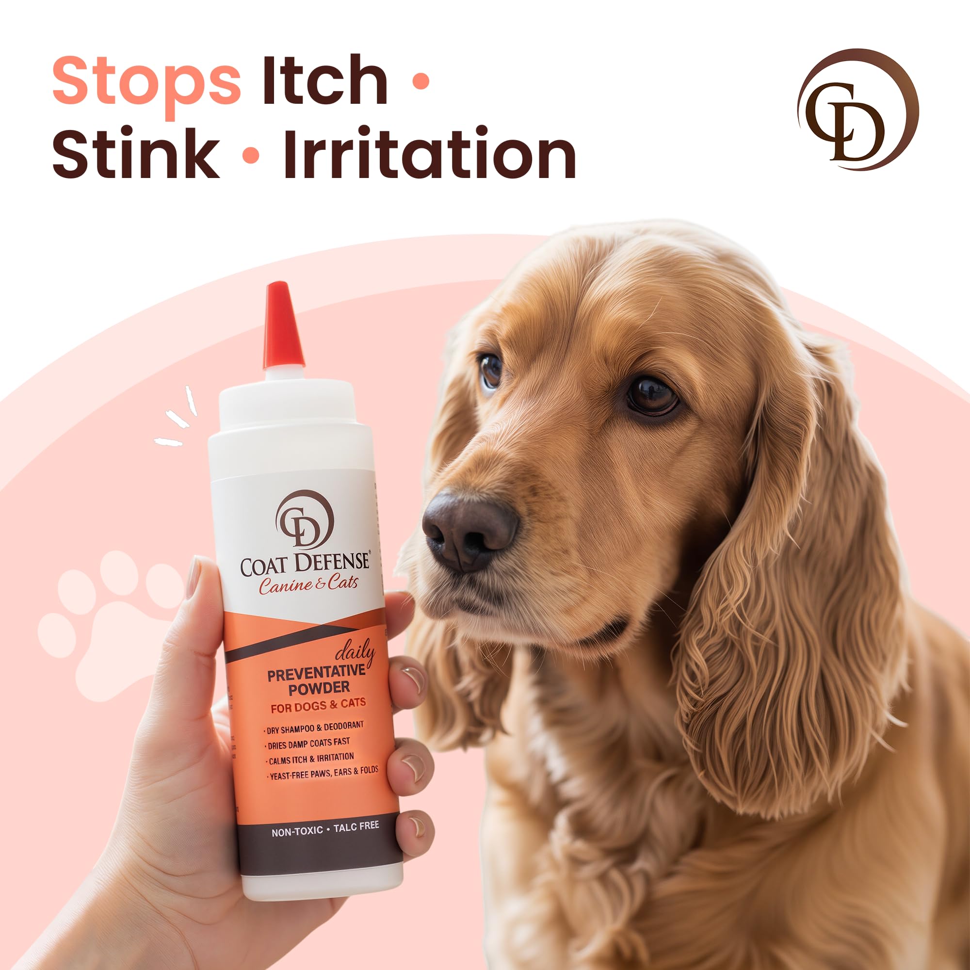 COAT DEFENSE everyday grooming routine with gentle powder application.