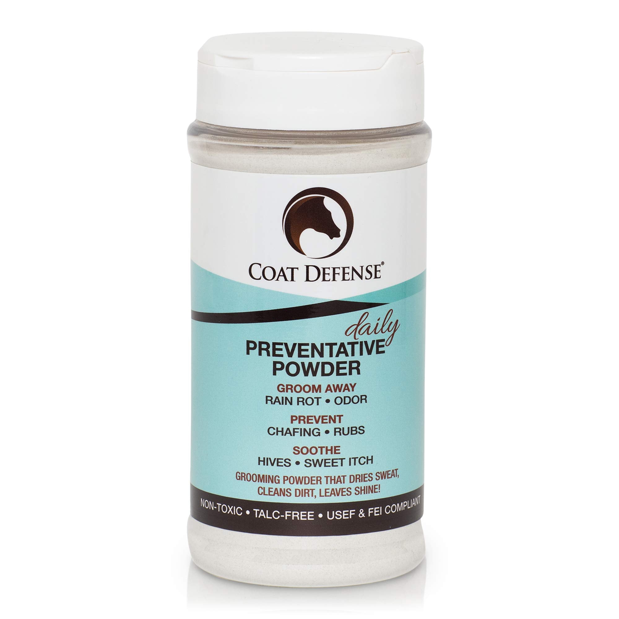 COAT DEFENSE daily powder bottle showing natural ingredients for itch relief and coat care.