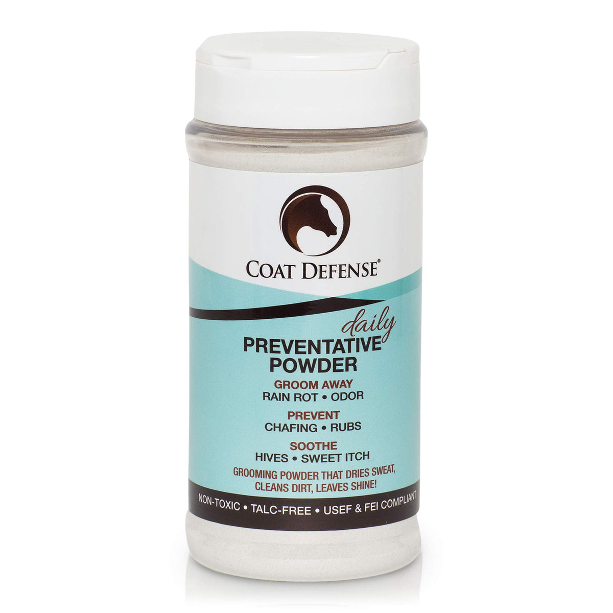 COAT DEFENSE daily powder bottle showing natural ingredients for itch relief and coat care.
