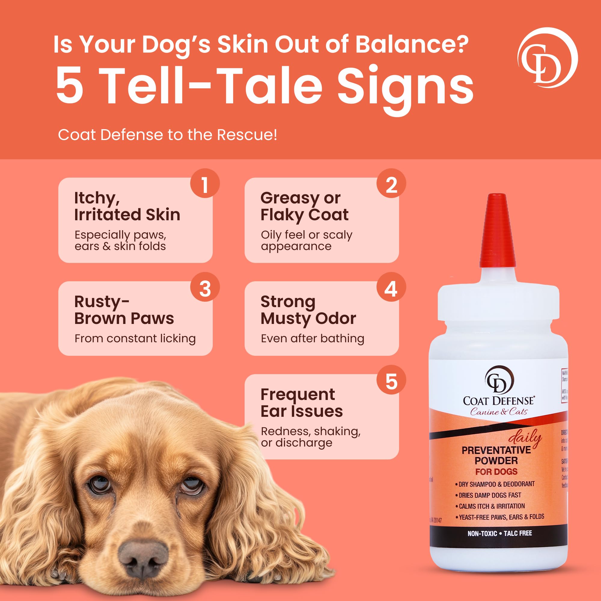Close-up of COAT DEFENSE label highlighting talc-free formula