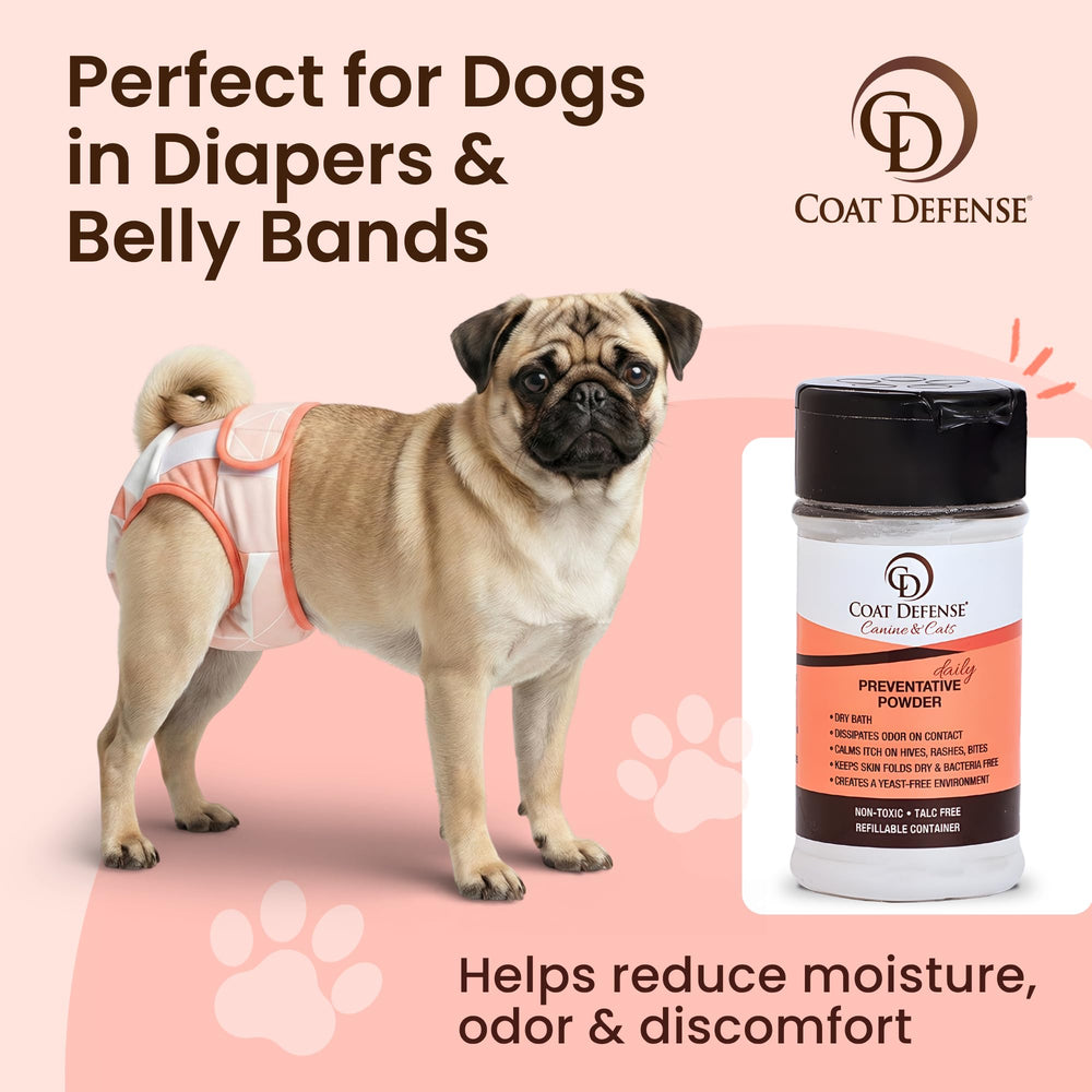 COAT DEFENSE natural talc-free ingredients for safe pet care.