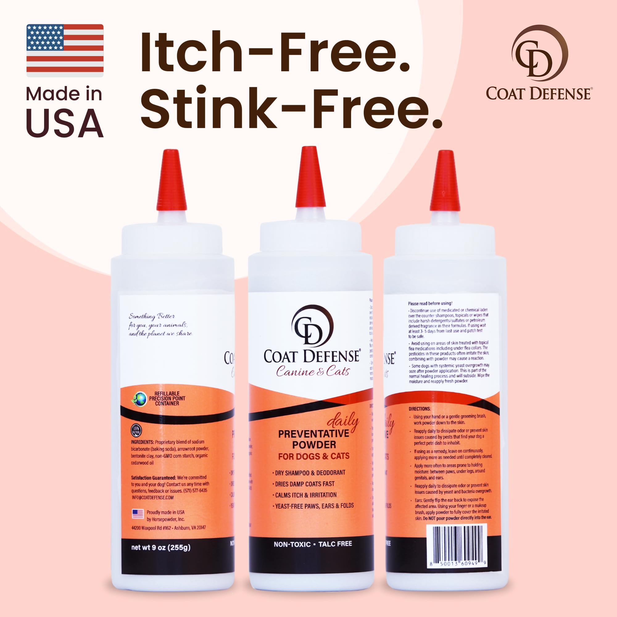 COAT DEFENSE non-toxic, talc-free formula for safe regular use.