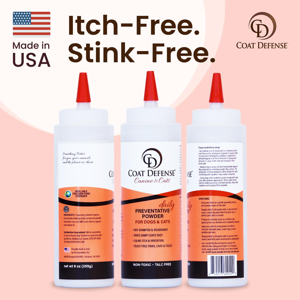 COAT DEFENSE non-toxic, talc-free formula for safe regular use.