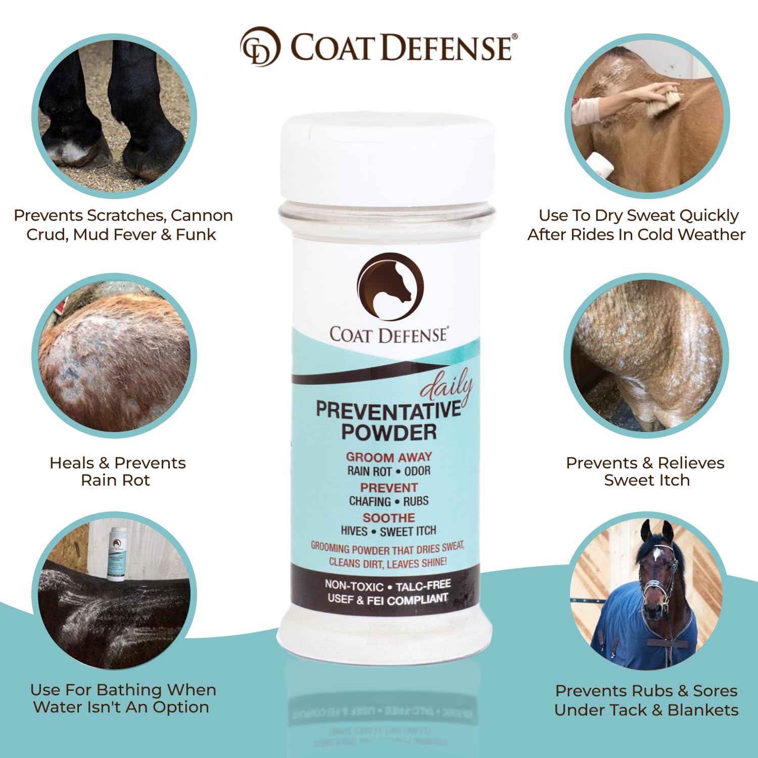 COAT DEFENSE powder applied to horse coat for itch relief and shine.