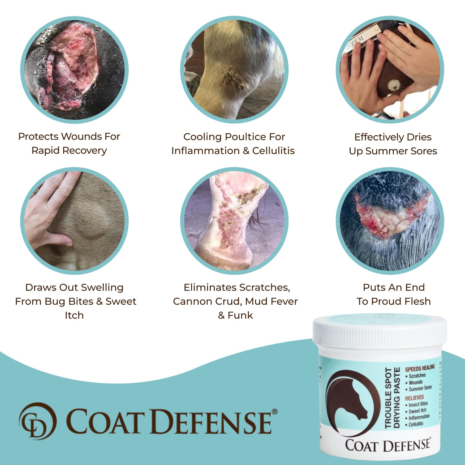 COAT DEFENSE Trouble Spot Paste applied to horse leg for targeted care