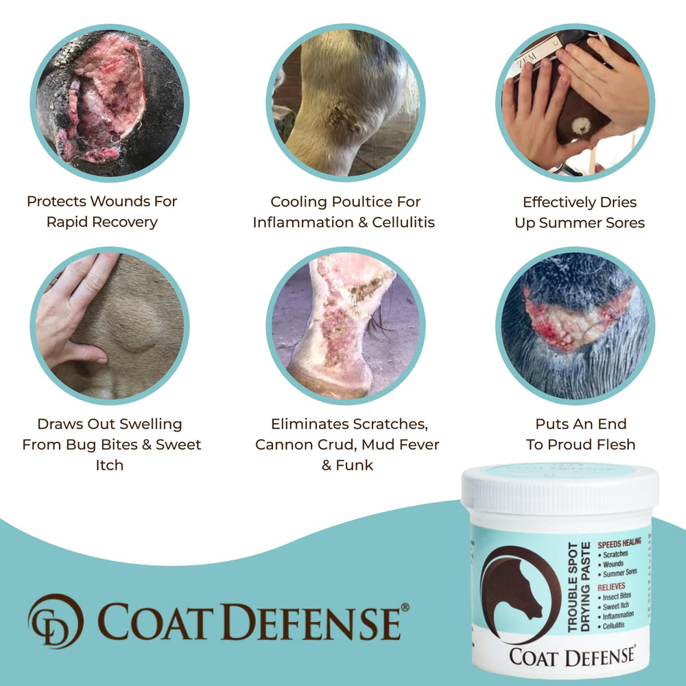 COAT DEFENSE Trouble Spot Paste applied to horse leg for targeted care